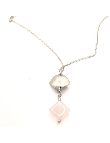 collier artisanal argent rhodié antiallergique avec pierre fine naturelle de quartz rose collection LOLA de chez JUST'IN JEWELS