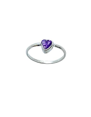 Bague argent avec véritable améthyste taillée en forme de coeur création artisanale de chez Just'in jewels