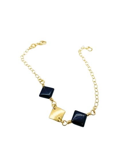 bracelet artisanal en argent plaqué or vermeil avec pierres naturelles d'agate noires collection lola de chez just'in jewels