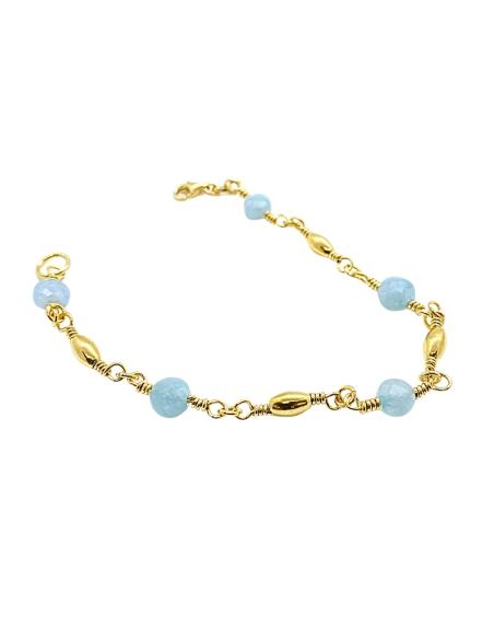 bracelet artisanal argent plaqué or vermeil avec véritable pierres fines d'aigue marine collection helina de chez Just'In Jewels