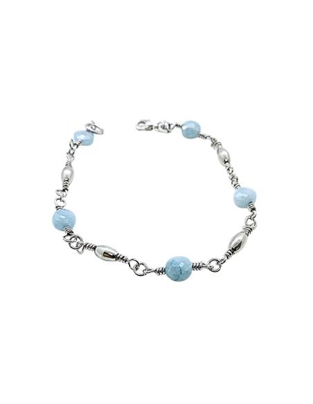 bracelet artisanal argent rhodié avec pierres fines naturelles d'iague marine collection Helina de chez Just'in jewels.