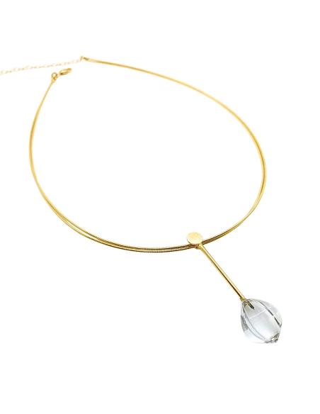 collier artisanal double tour omega argent plaqué or vermeil et pendentif cristal