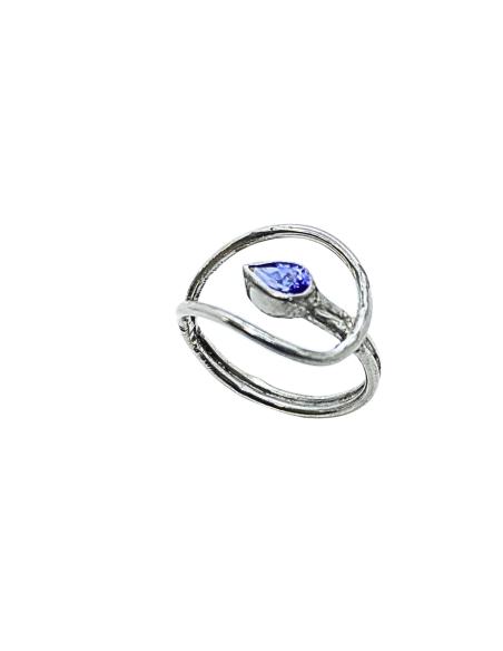 bague artisanale argent rhodié antiallergique avec véritable tanzanite taillée poire  création just'in jewels