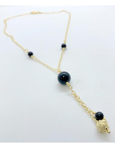 collier artisanal argent plaqué or vermeil pierres naturelles d'agate noire collection Ysaline de chez Just'In Jewels