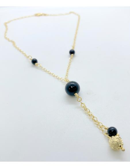collier artisanal argent plaqué or vermeil pierres naturelles d'agate noire collection Ysaline de chez Just'In Jewels