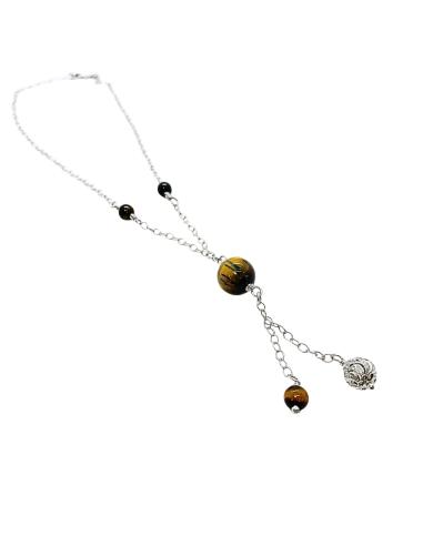 collier artisanal argent rhodié antiallergique pour femme avec pierres fines naturelles d'oeil de tigre