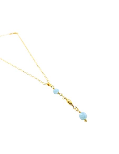 collier artisanal en argent plaqué or vermeil pour femme avec 2 pierres naturelles d'aigue marine