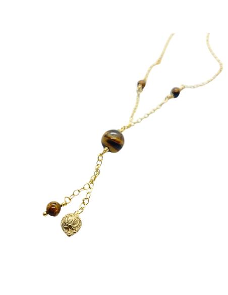 collier artisanal argent plaqué or vermeil collection Ysaline avec véritable oeil de tigre création Just'In Jewels