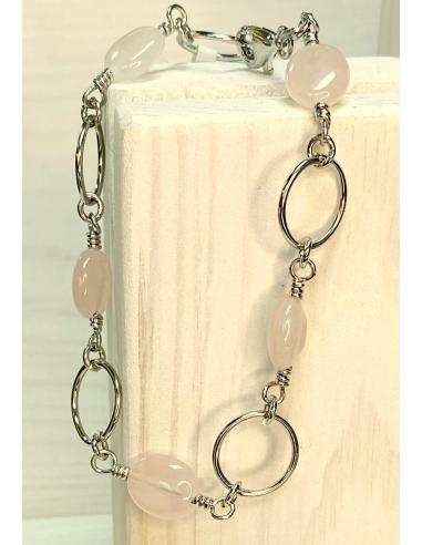 Bracelet artisanal argent rhodié et pierres fines naturelles , quartz rose collection Vero JUST'IN JEWELS