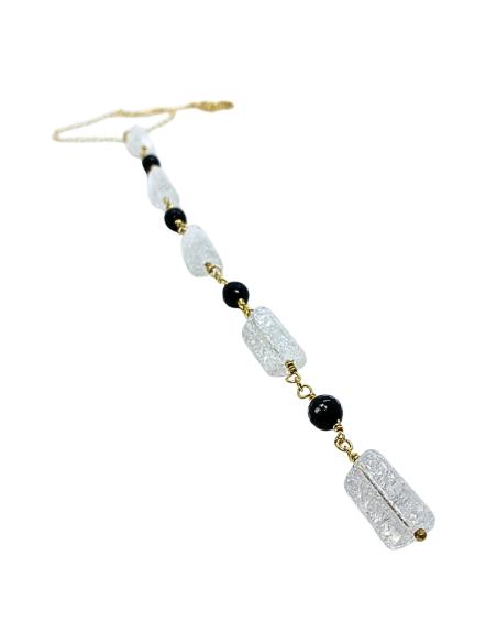 collier artisanal en argent plaqué or vermeil avec véritables pierres de cristal de roche et d'agate noire