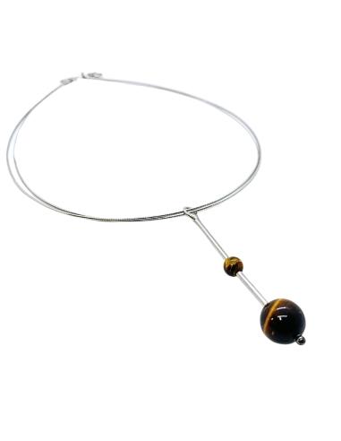 collier artisanal argent rhodié antiallergique avec double perle d'oeil de tigre création de Just'in Jewels