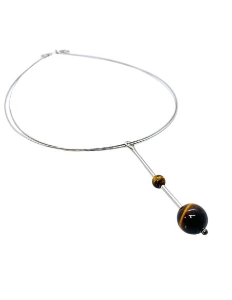 collier artisanal argent rhodié antiallergique avec double perle d'oeil de tigre création de Just'in Jewels