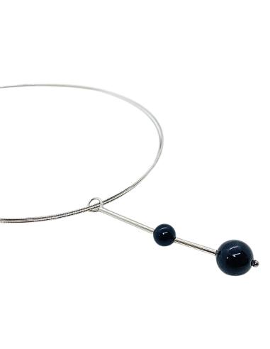 collier artisanal argent rhodié antiallergique avec 2 perles d'agate noire création Just'In Jewels pour femme