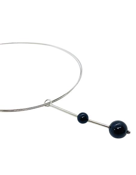 collier artisanal argent rhodié antiallergique avec 2 perles d'agate noire création Just'In Jewels pour femme