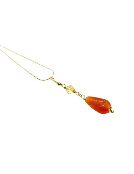 collier argent plaqué or vermeil avec goutte de cornaline naturelle et losange de citrine