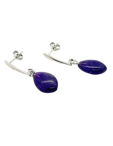 Boucle d'oreille artisanale argent avec goutte d'améthyste