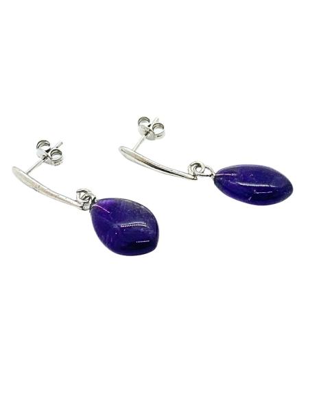 Boucle d'oreille artisanale argent avec goutte d'améthyste