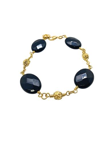 Bracelet argent plaqué or vermeil avec agates noires ovales facettées. Création artisanale de Just'in Jewels
