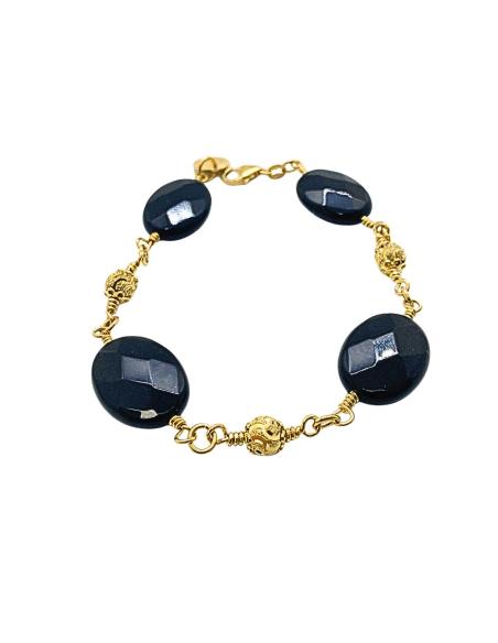 Bracelet argent plaqué or vermeil avec agates noires ovales facettées. Création artisanale de Just'in Jewels
