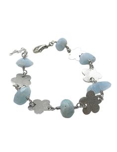 Bracelet artisanal en argent rhodié motifs fleurs et aigue marine, créations fait main par Just'in jewels