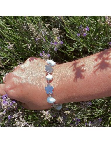 Bracelet artisanal argent rhodié fleurs et...