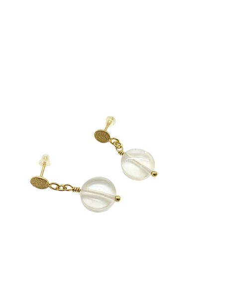 Boucle d'oreille argent plaqué or vermeil avec disque de cristal de roche création artisanale de just'in jewels