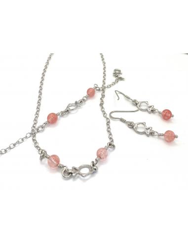Collier poisson et quartz framboise Maman-Enfant