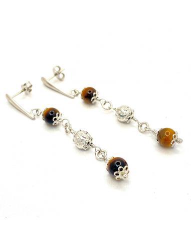 Boucle d'oreille en argent rhodié pour femme avec pierres fines oeil de tigre création artisanale