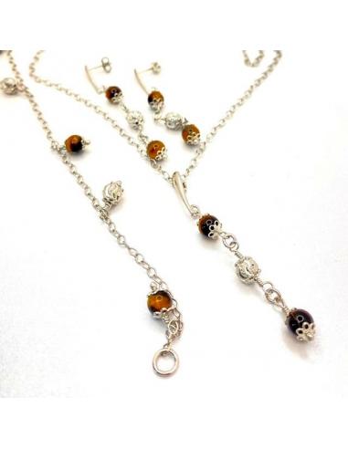 Parure argent et oeil de tigre, création artisanale disponible sur la bijouterie en ligne ou dans notre bijouterie de Ramillies
