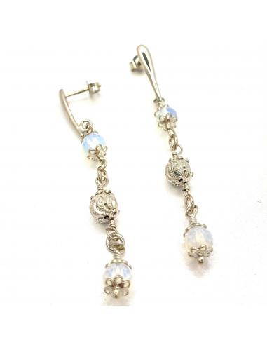Boucles D'oreille Pendantes Opaline Et Cristal Bleu Venot - Fait En France - Neuf Avec étiquettes
