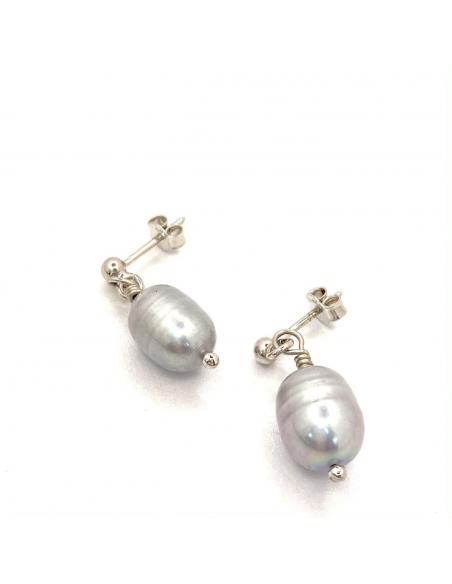Boucle d'oreille argent antiallergique rhodié création artisanale avec perles naturelles grises d'eau douce