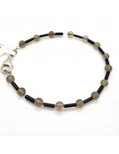 Bracelet pour homme argent rhodié pierres fines agate noire et quartz fumé