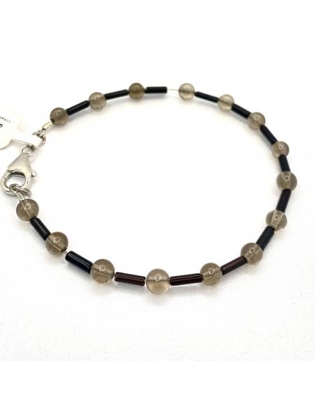 Bracelet pour homme argent rhodié pierres fines agate noire et quartz fumé