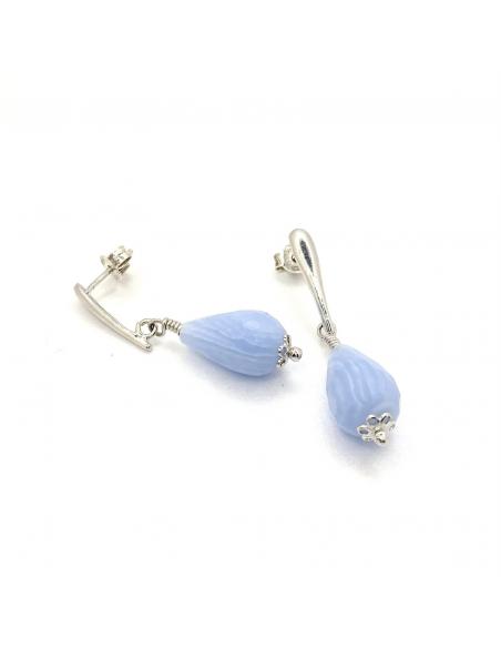 Boucle d'oreille artisanale argent et pierre fine naturelle agate blue lace