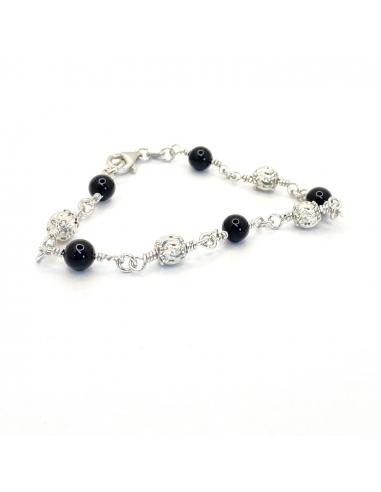 Bracelet artisanal pour femme en argent rhodié et pierre fines naturelles agate noire