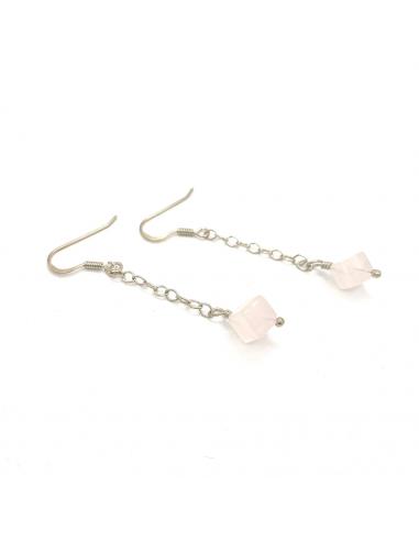 Pendant oreille de créateur belge en argent rhodié nickelfree pour femme pierre fine quartz rose